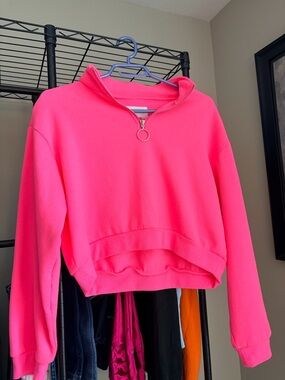 Women's Neon Pink Quarter-Zip Cropped Pullover Hoodie